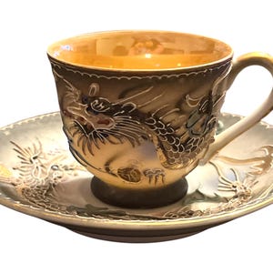 Vintage Moriage Dragonware Tea Cup and Saucer; Gold Accent Japanese Dragonware; 3D Hand Painted Dragonware; Made in Occupied Japan