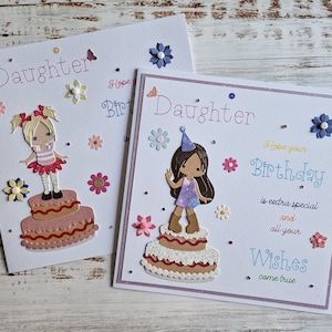 Cartão de aniversário para filha, Cartão de aniversário de menina, cartões com bolo, flores, Cartões personalizados, Cartão personalizado, Cartões para crianças, Cartão infantil