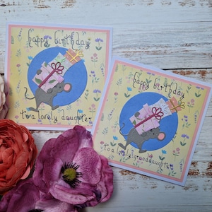 Carte souris, carte d'anniversaire pour fille, petite-fille, cartes personnalisées, cadeaux personnalisés, couleurs pastel, cartes avec souris,