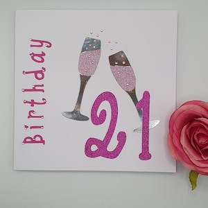 21e verjaardagskaart, leeftijdskaart, Girl's 21e, kaart voor meisjes, kaart voor vrouwen, kaarten met wijn, kaart vieren, speciale verjaardagskaart, roze kaart