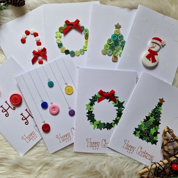 Christmas card pack,  x 8, multipack of cards, Button cards, Handmade festive cards,  Holiday cards, Button Christmas cards, Fun Christmas