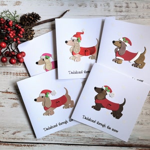 Dackel durch den Schnee Weihnachtskarten, Hundeweihnachtskartenpackung, x5, x10, Multipack, Kartenset, Karten mit Hunden, Dackelkarten