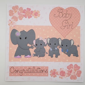 Nieuwe baby meisje kaart, geboortekaart, nieuwe babykaart, kaart voor ouders, kaarten met olifanten, felicitatiekaart, gepersonaliseerde kaart, baby meisje