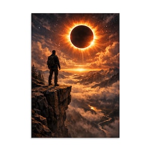 May include: A hiker with a backpack stands on a rocky cliff edge overlooking a mountain range filled with clouds and a winding river below. Above, a total solar eclipse glows with a bright orange corona against a dark, starry night sky.