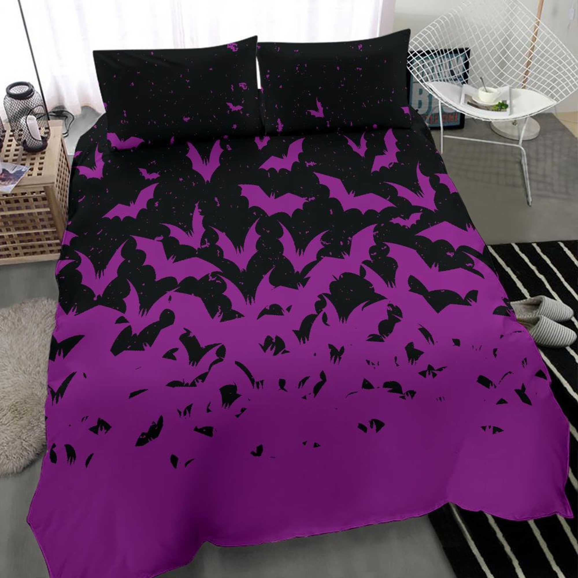 Gothic Bedding Gothic  Duvet Cover - Purple Bats Gothic Bedding Set Decor Bedding Sets