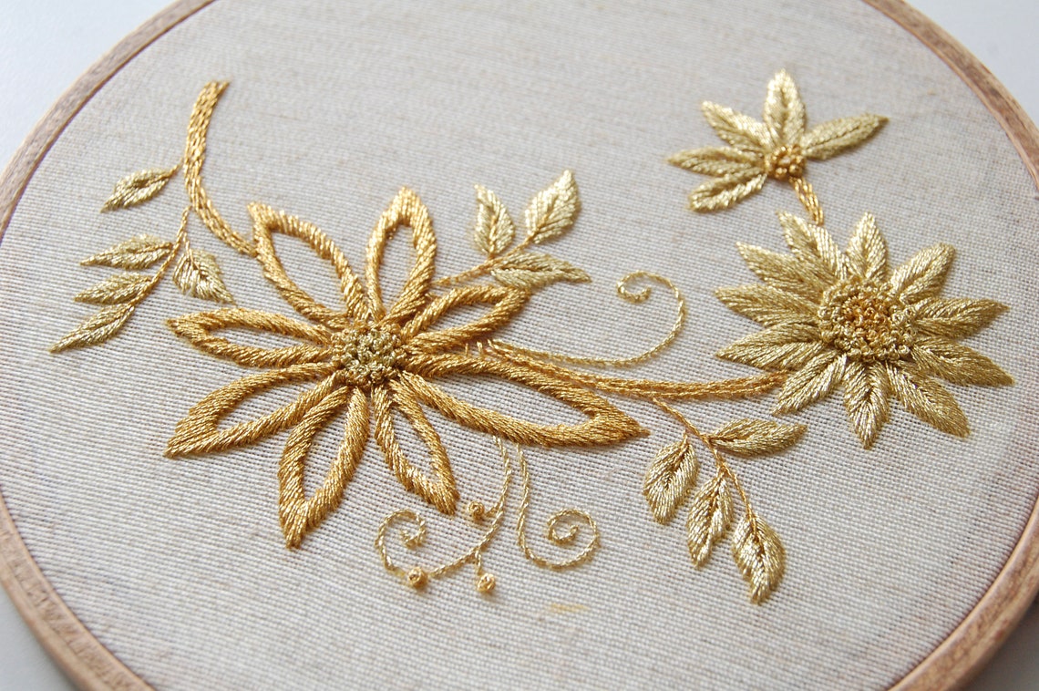 Floral DIY Goldwork Embroidery Kit for Beginners / Botanical Etsy