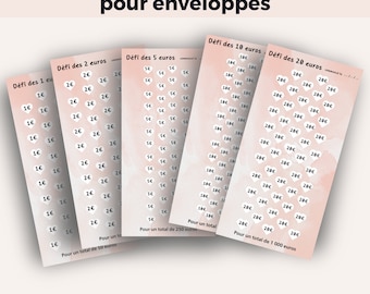 Budget challenges / 5 A6 format envelopes / Budget challenges / Challenge tracker / Budget challenges set / PDF to print / budget challenge