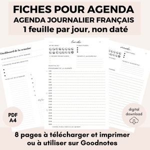 Peut inclure: Un agenda journalier français imprimable avec un design noir et blanc. L'agenda comprend des sections pour les tâches quotidiennes, les priorités et la gratitude. Le texte sur la page indique "Fiches pour Agenda Agenda Journalier Français 1 feuille par jour, non daté".