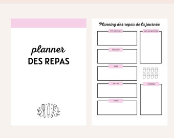 May include: A printable meal planner in French. The planner has sections for breakfast, lunch, dinner, snacks, and grocery lists. The planner also includes a section for meal ideas. The planner is designed to help people plan their meals and stay organized.