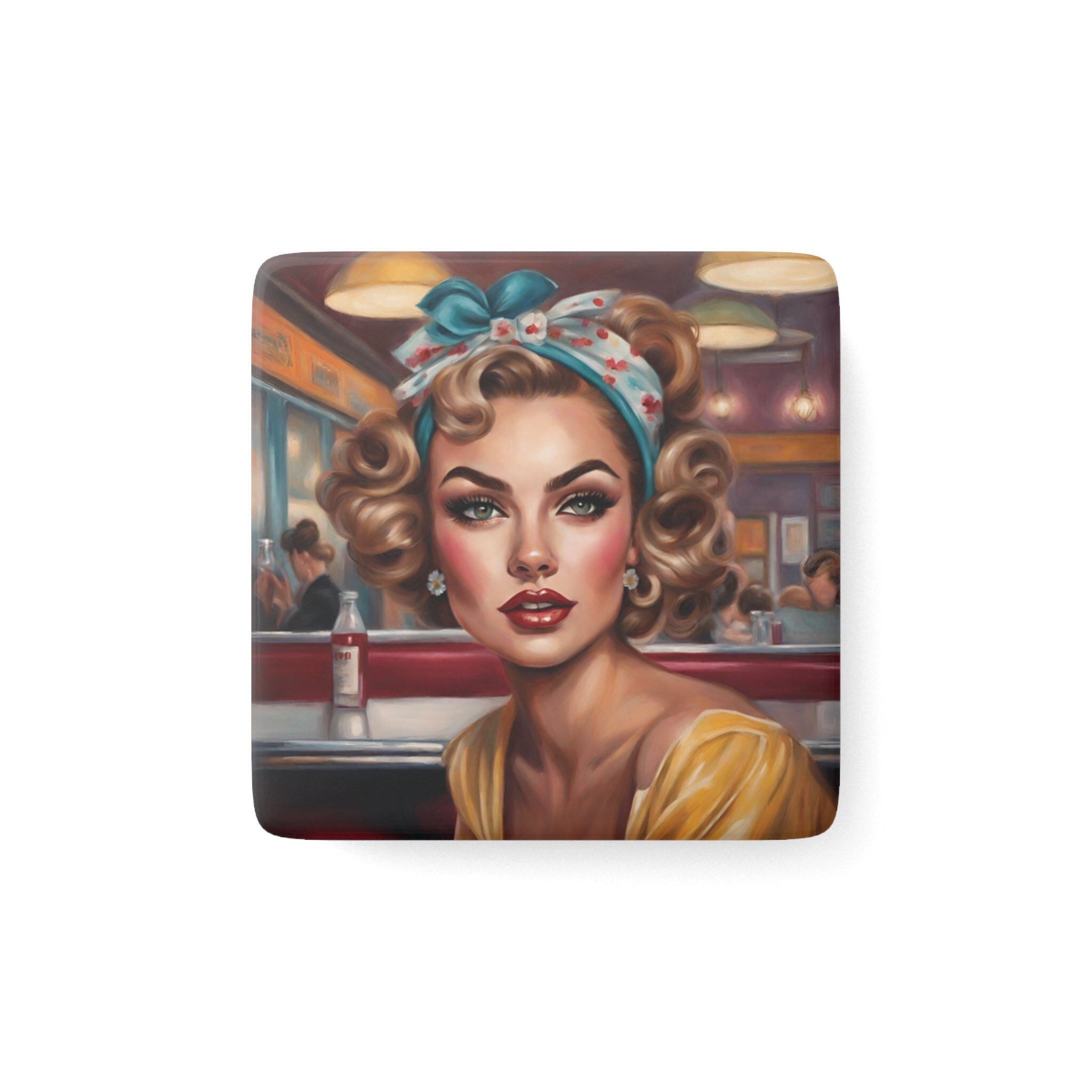 Retro Blonde Diner Girl Art Porcelain Beautiful Woman Painting