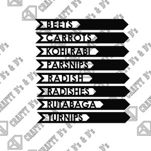 May include: Black and white printable garden labels with the names of different vegetables: beets, carrots, kohlrabi, parsnips, radish, radishes, rutabaga, and turnips.
