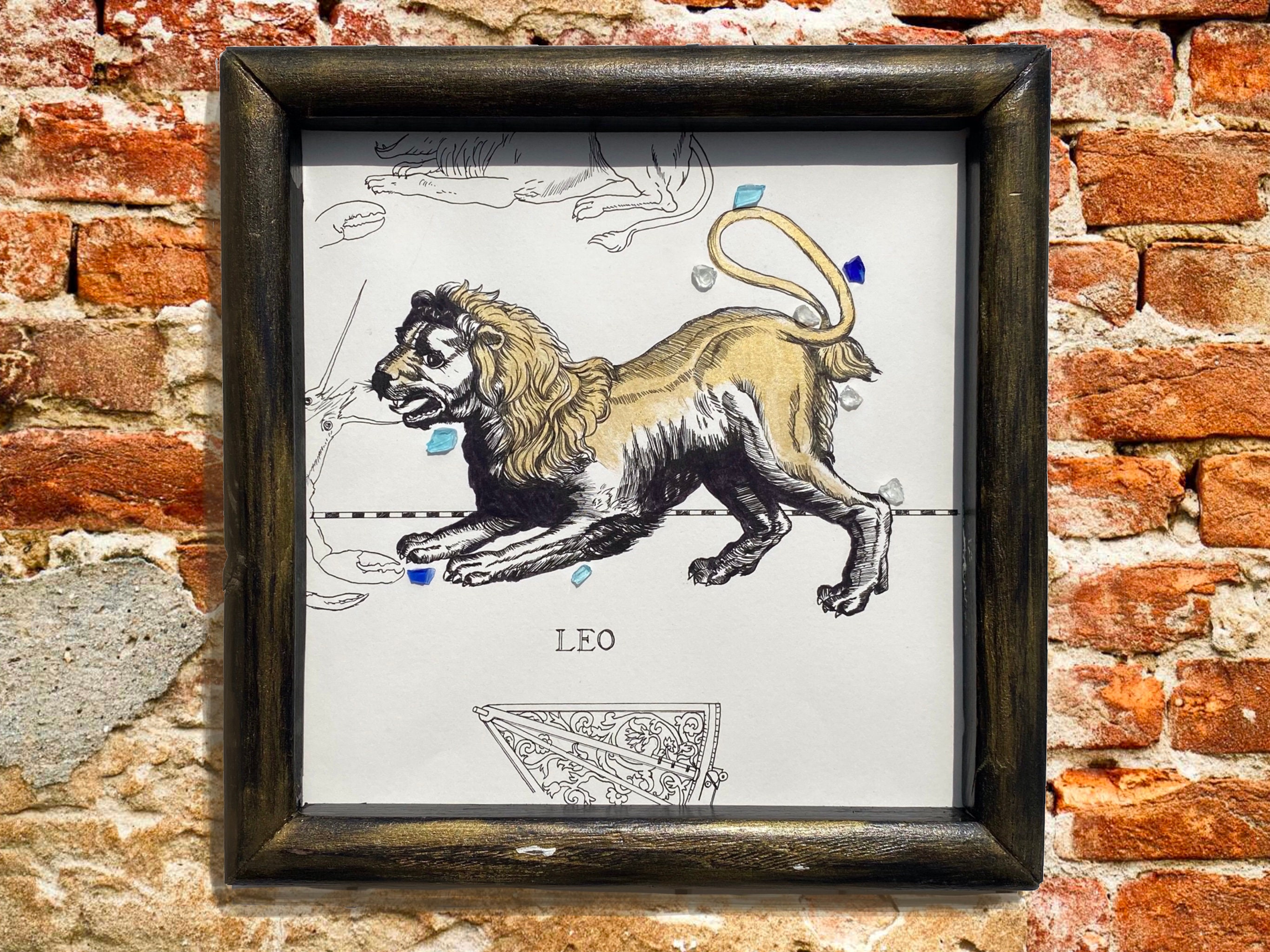 Image Carrée Dans Cadre Vintage, Signe Du Zodiaque Lion, Copie de Gravure 1690