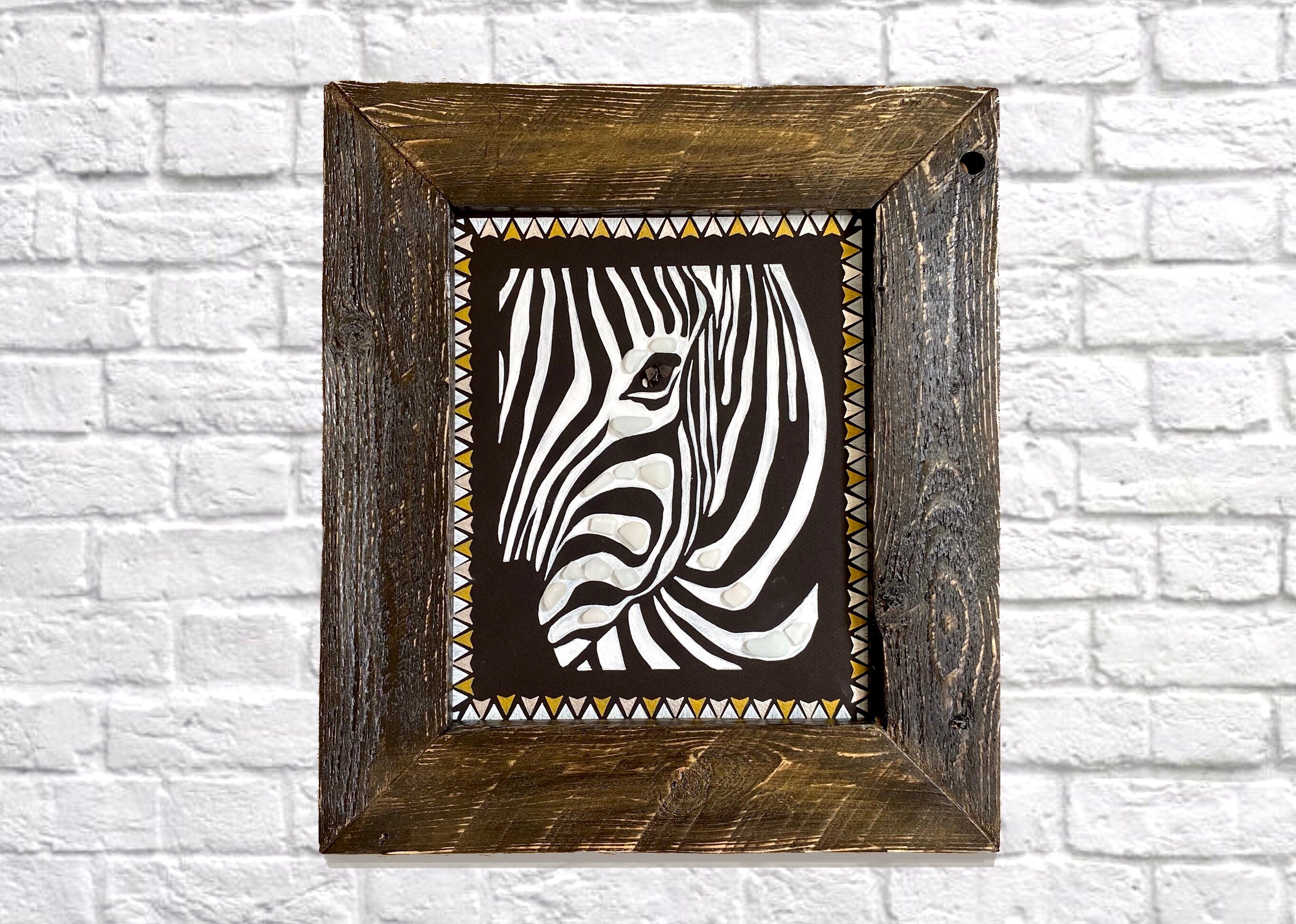 Peinture sur Un Thème Africain Dans Cadre en Bois Vintage Noir et Blanc, Portrait de Zèbre