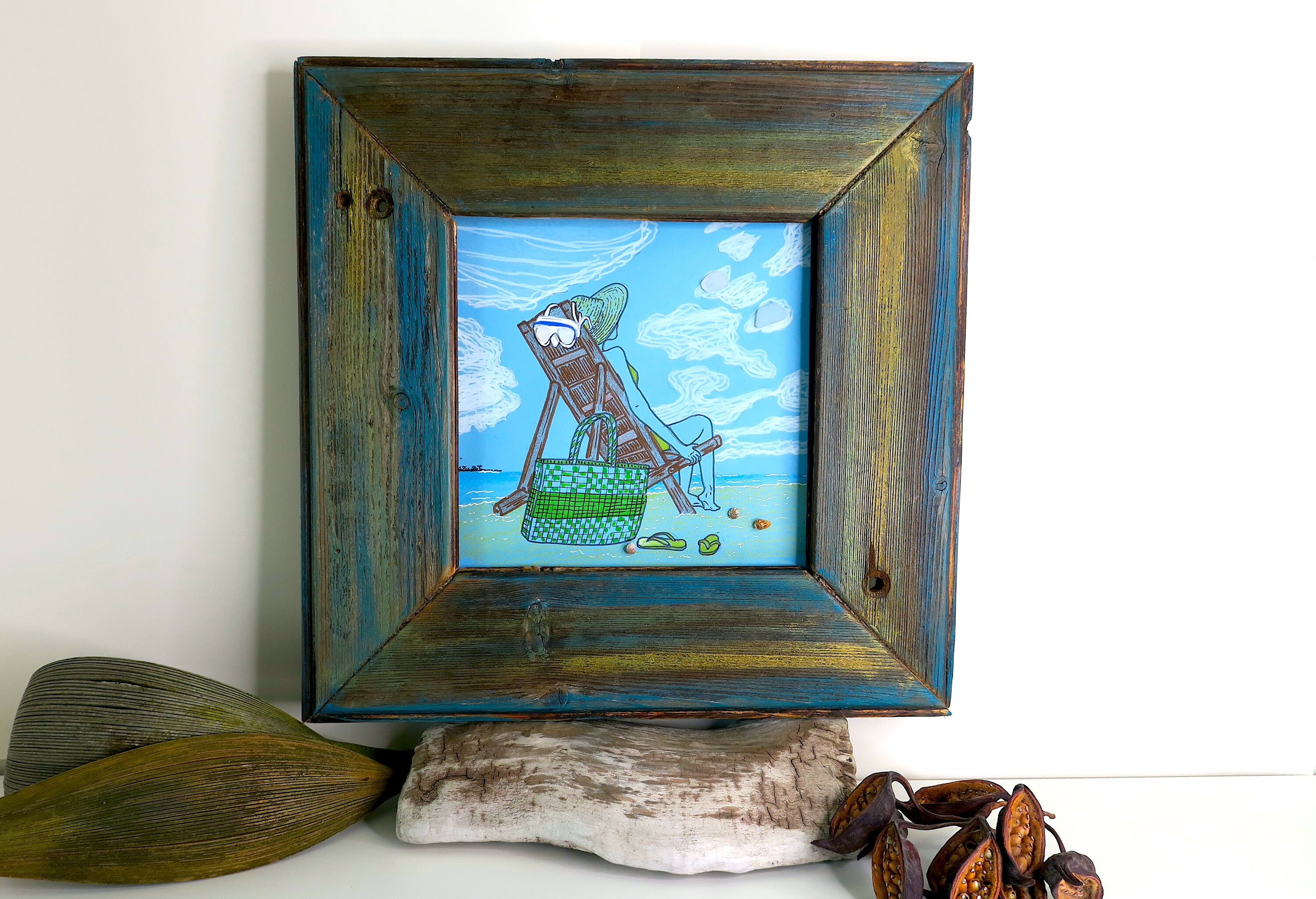 Peinture Carrée Dans Un Cadre Charmant en Vieux Bois, Repos de Plongeur, Cadeaux Plongée