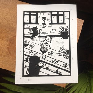 Ramen Cats lino print
