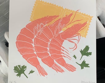 Spooning Shrimp Lino Print