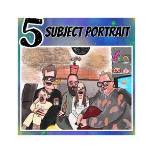 May include: A colorful cartoon illustration titled "Subject Portrait" featuring five figures. The number "5" is in the upper left corner. The figures are drawn in a humorous style, with exaggerated features and details.