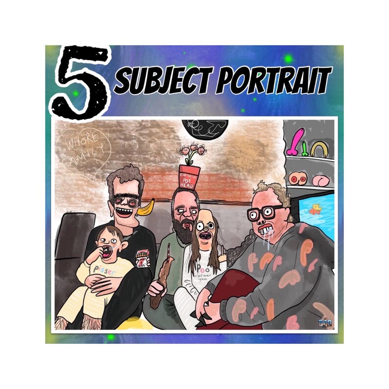 May include: A colorful cartoon illustration titled "Subject Portrait" featuring five figures. The number "5" is in the upper left corner. The figures are drawn in a humorous style, with exaggerated features and details.