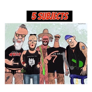May include: Cartoon illustration of five figures, each with unique features and attire. The text "5 SUBJECTS" is displayed above. The figures wear various t-shirts with text and graphics, and some have accessories.