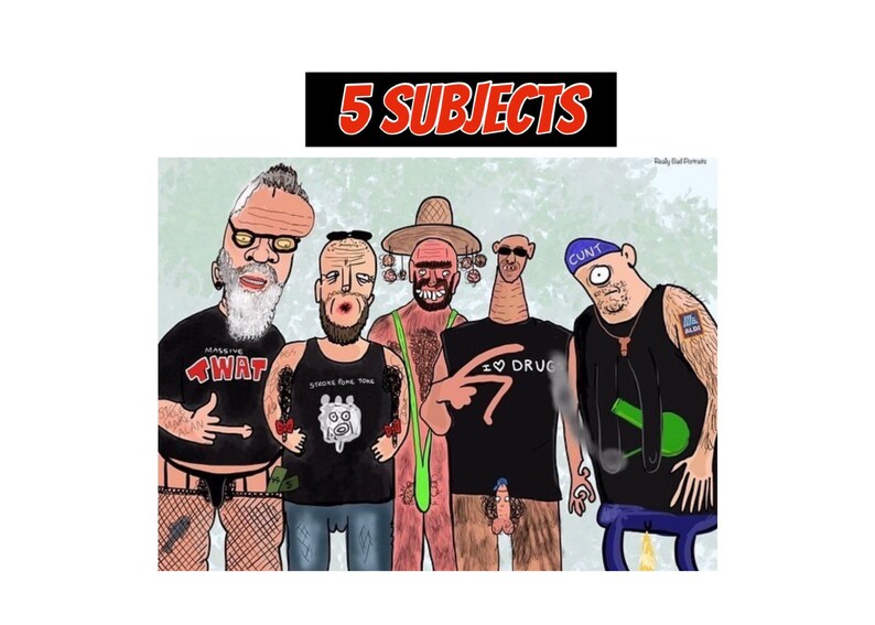 May include: Cartoon illustration of five figures, each with unique features and attire. The text "5 SUBJECTS" is displayed above. The figures wear various t-shirts with text and graphics, and some have accessories.