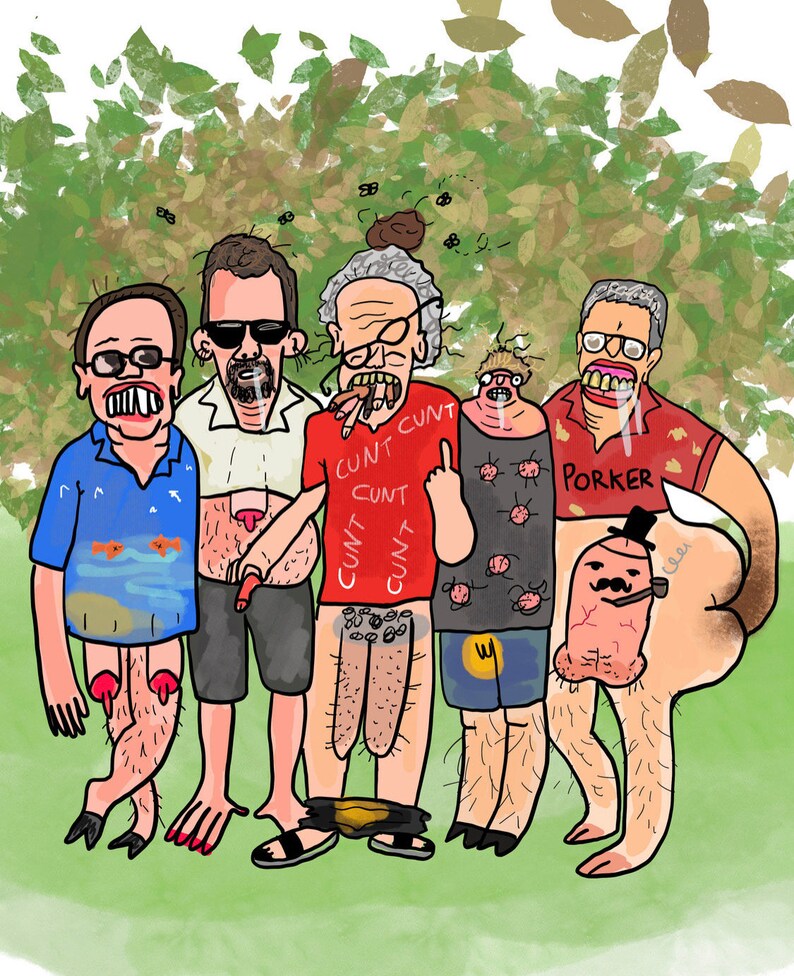 May include: A cartoon illustration of five figures with exaggerated features. One figure wears a red shirt with the word "CUNT" repeated. Another figure has the word "PORKER" on their shirt. The background features green foliage.
