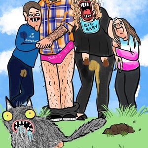 May include: A cartoon illustration of a family and a cat on a green lawn under a blue sky. The family members have exaggerated features and are wearing mismatched clothing. The cat has a distressed expression. The text on the bib says "BIG BABY".