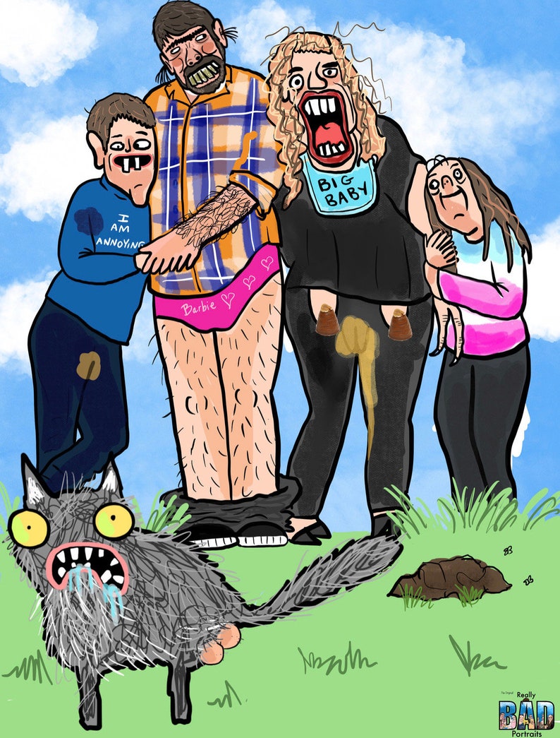May include: A cartoon illustration of a family and a cat on a green lawn under a blue sky. The family members have exaggerated features and are wearing mismatched clothing. The cat has a distressed expression. The text on the bib says "BIG BABY".
