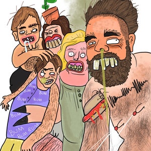May include: A cartoon illustration of a group of people with exaggerated features. One person has a plant growing out of their head. The image has a humorous and slightly grotesque style, with a focus on exaggerated expressions and bodily fluids.
