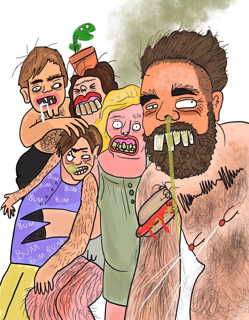 May include: A cartoon illustration of a group of people with exaggerated features. One person has a plant growing out of their head. The image has a humorous and slightly grotesque style, with a focus on exaggerated expressions and bodily fluids.