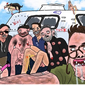 May include: A cartoon illustration depicts a group of men on a boat, with the word "SLUT" and "FUCK" written on the boat. One man holds a pink dildo, and another is urinating. A dog wearing a Santa hat is on the boat's roof.