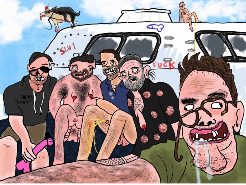 May include: A cartoon illustration depicts a group of men on a boat, with the word "SLUT" and "FUCK" written on the boat. One man holds a pink dildo, and another is urinating. A dog wearing a Santa hat is on the boat's roof.