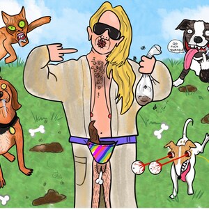 May include: A cartoon illustration featuring a person in a robe surrounded by several dogs and a cat. The person is wearing sunglasses and holding a bag. The dogs and cat have exaggerated expressions. The image has a humorous theme.