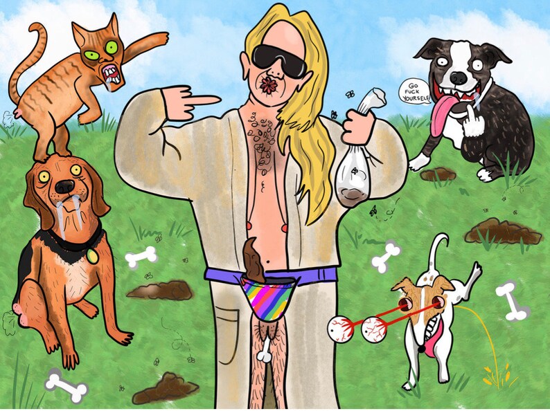 May include: A cartoon illustration featuring a person in a robe surrounded by several dogs and a cat. The person is wearing sunglasses and holding a bag. The dogs and cat have exaggerated expressions. The image has a humorous theme.
