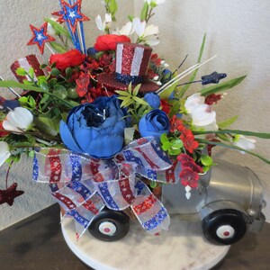Patriotic Truck Centerpiece: Red, White & Blue Floral Arrangement