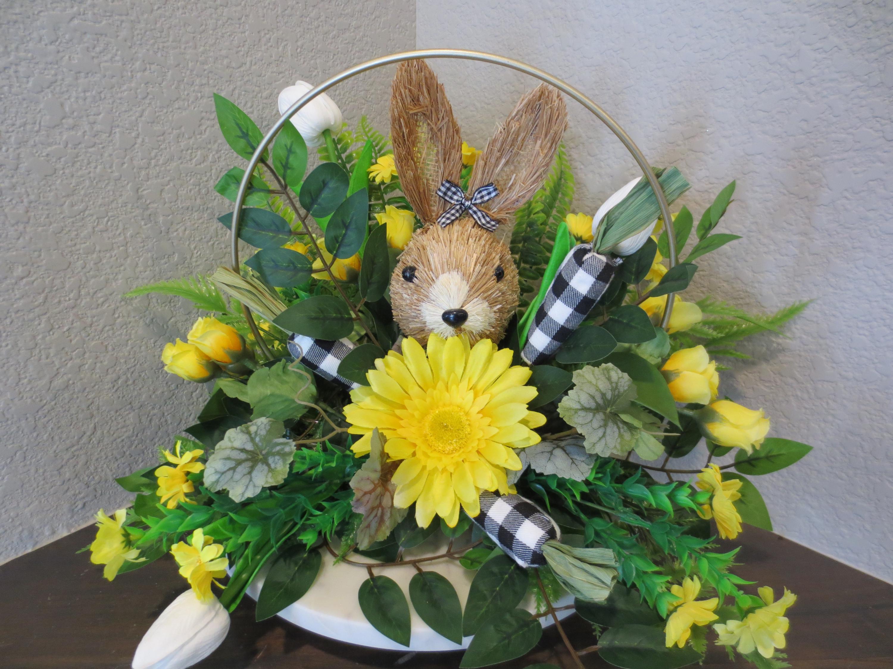 Waterfall Rabbit Arrangement Yellow Floral Table, Bunny Arrangement, Tulip and Daisy Centerpiece ...