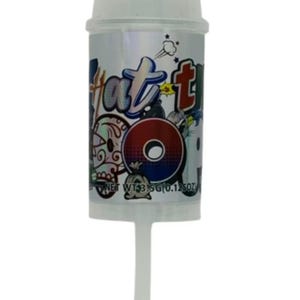May include: A clear plastic push pop container with a white cap and stem. The container has a silver background with colorful graffiti-style text and graphics. The text reads "Hat Go".