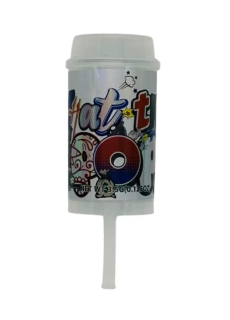 May include: A clear plastic push pop container with a white cap and stem. The container has a silver background with colorful graffiti-style text and graphics. The text reads "Hat Go".