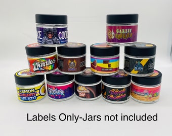 May include: A collection of 10 colorful labels for jars. The labels feature various designs, including a cartoon alien, a cherry pie, a lemon cherry gelato, and a chocolate trip. The text "Labels Only-Jars not included" is printed at the bottom of the image.