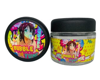 May include: A black jar with a clear glass lid. The jar has a colorful label with a cartoon character blowing a bubble. The label says "Bubble Yumz".