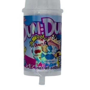May include: A clear plastic container of Dum Dums candy. The label features a cartoon character and text in multiple languages, including "Cherry Cherry" and "Raspberry". The net weight is 3.5 oz.