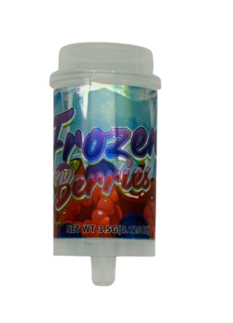 May include: A cylindrical container with a clear cap and base, featuring the text "Frozen Berries" in purple and red. The label shows illustrations of red and blue berries. The net weight is 0.125oz.