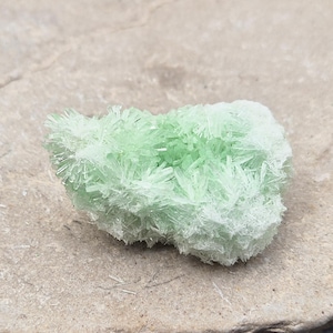 May include: A cluster of pale green, needle-like crystals forming a dense, textured mineral specimen. The structure consists of numerous thin, sharp points radiating outwards, creating a delicate, frosted appearance with varying shades of light mint.