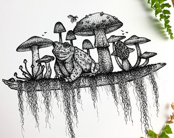 Wildlife Art Prints, Nature Drawing, Toad Print, Mushroom and Frog, Nature Home Decor, Boho Wall Decor, Granola Girl Gifts, Earthy Gifts