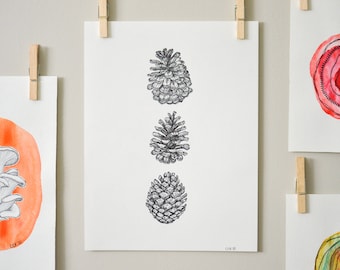 Modern Botanical Print, Unique Birthday Gift for Her, Earthy Boho Decor, Nature Drawing, Cottagecore Gifts, Pine Cone Art, Nature Lover Gift