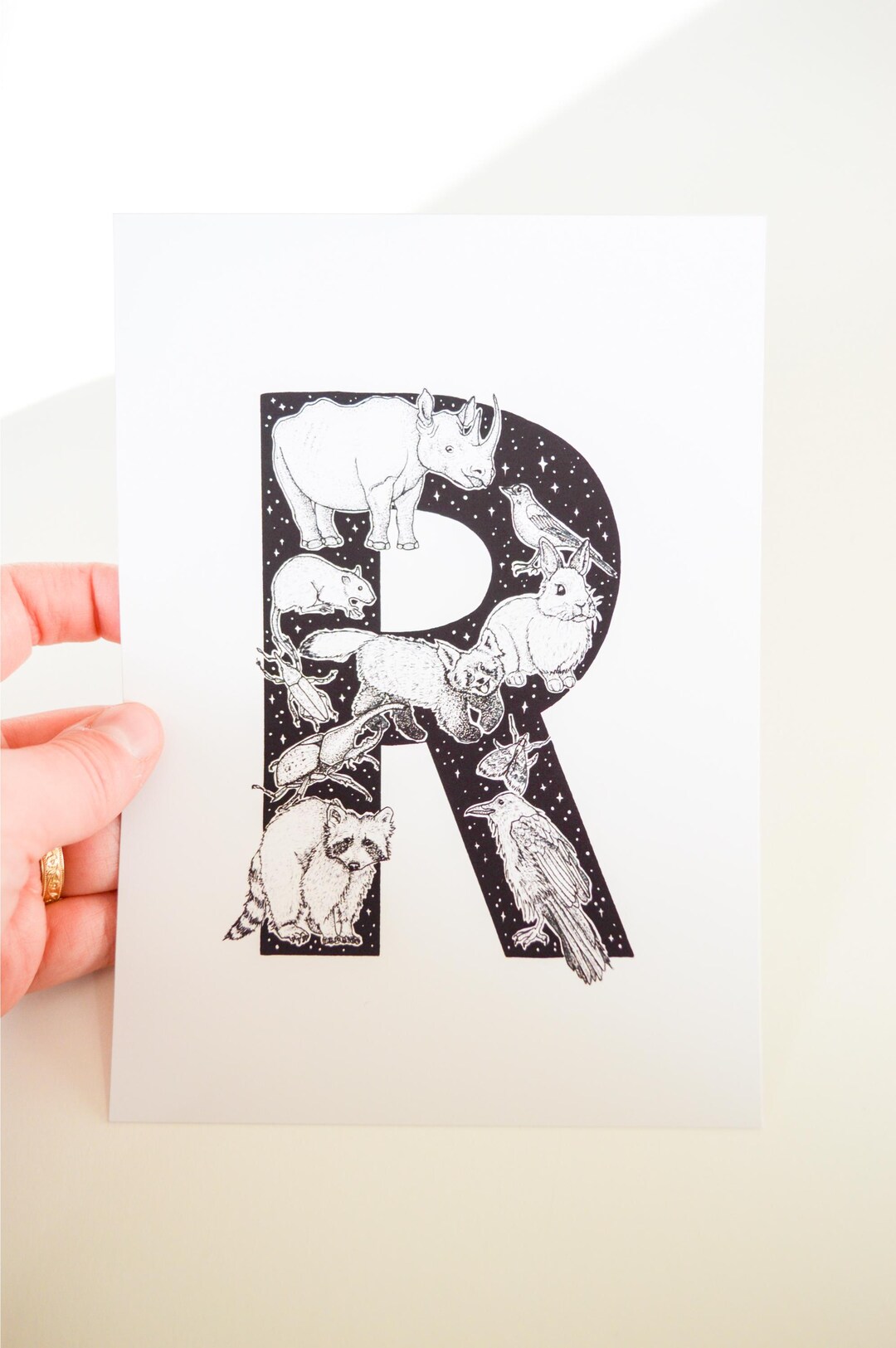 Animal Alphabet Letter R Art Print, Wildlife Black and White Ink ...