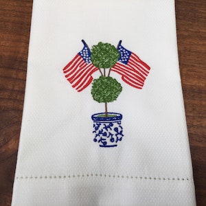 Embroidered topiary with American flag fingertip towel, Fourth of July home decor, powder room summer decor,summertime bar cart towel