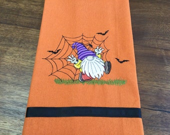 Halloween Gnome Embroidered Kitchen Towel: Spiders & Bats