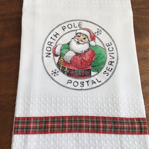 North Pole postal service Santa with bag of presents stamp , Christmas towel , Christmas bar decor, bar cart decor, Christmas hostess gift