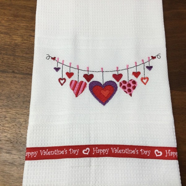 Valentines hearts clothesline embroidered kitchen towel with ribbon