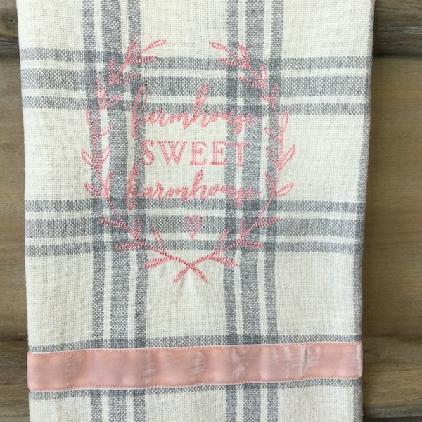 Farmhouse sweet farmhouse with wreath and pink velvet ribbon embroidered decorative kitchen towel